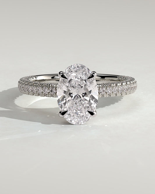 Penelope - Oval Claw Solitaire with Hidden Halo and Triple Pave Band Engagement Ring - White Gold