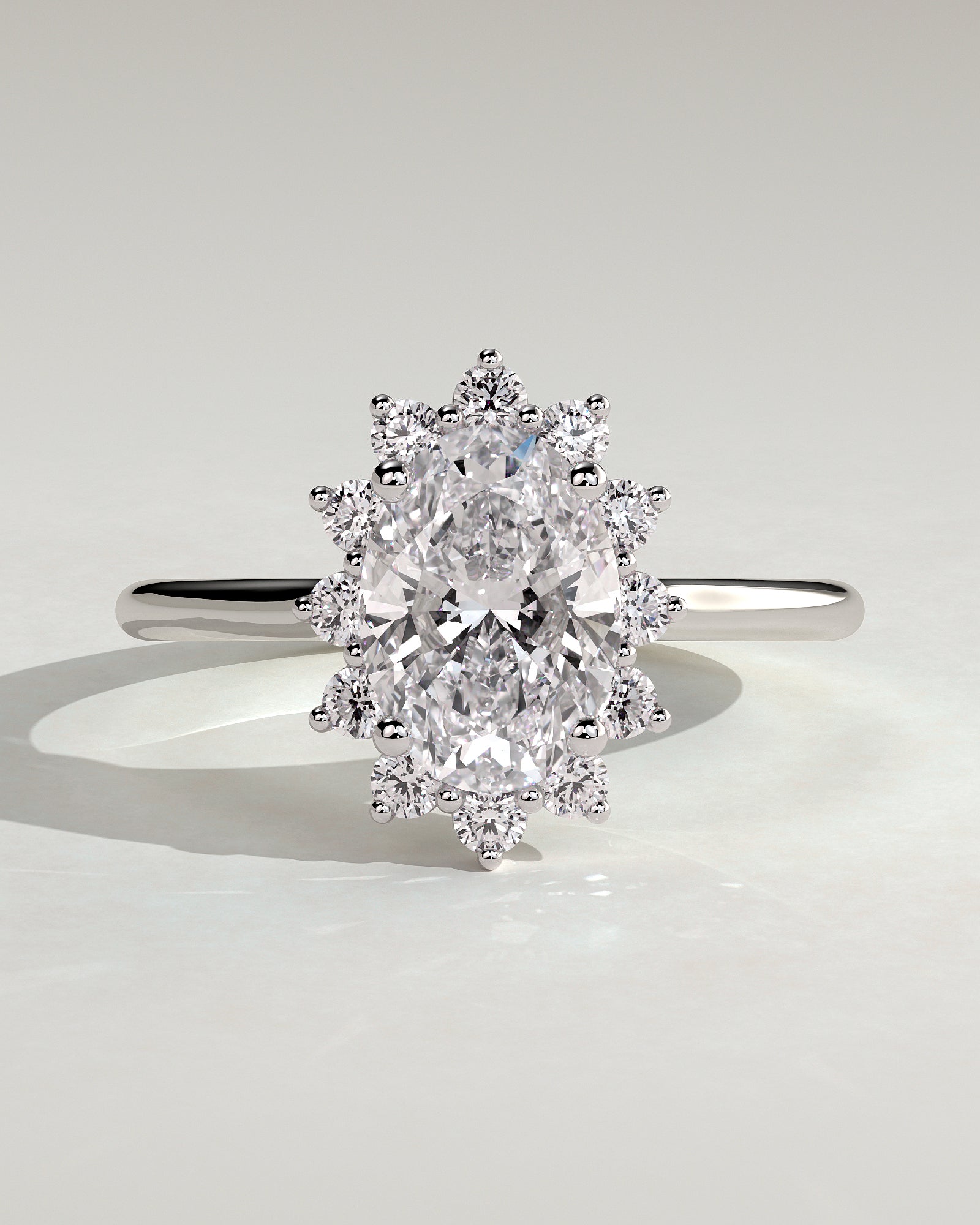 Arielle - Oval Claw Solitaire with Sunburst Halo and Cathedral High Setting Engagement Ring - Platinum - White Gold / Platinum 2ct