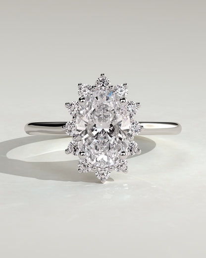 Arielle - Oval Claw Solitaire with Sunburst Halo and Cathedral High Setting Engagement Ring - Platinum - platinum - Lara Jewels