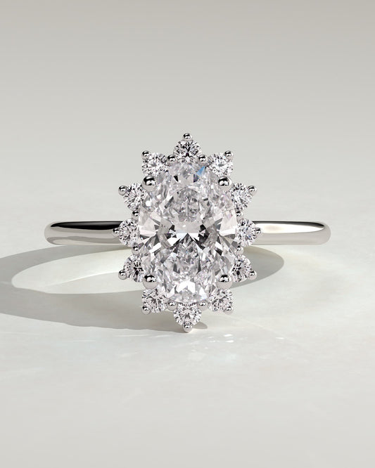 Arielle - Oval Claw Solitaire with Sunburst Halo and Cathedral High Setting Engagement Ring - Platinum - platinum - Lara Jewels