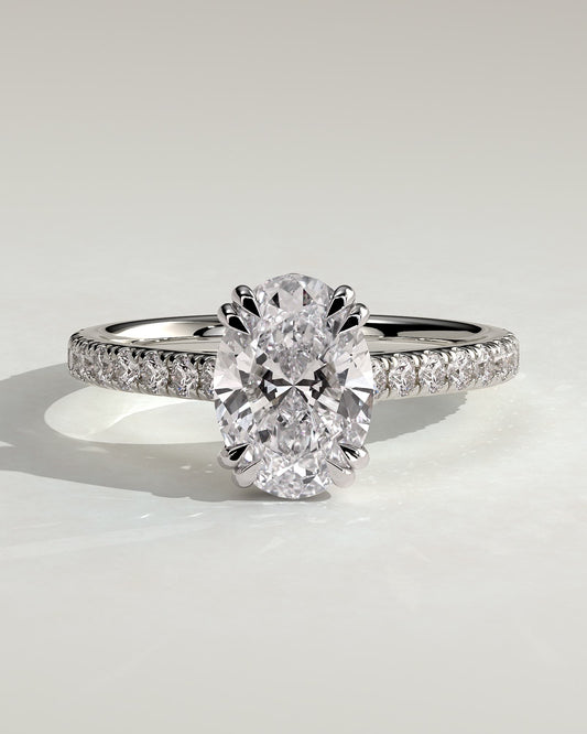 Sasha - Oval Double Claw Solitaire with Hidden Halo, Pave Band and Cathedral High Setting Engagement Ring - Platinum