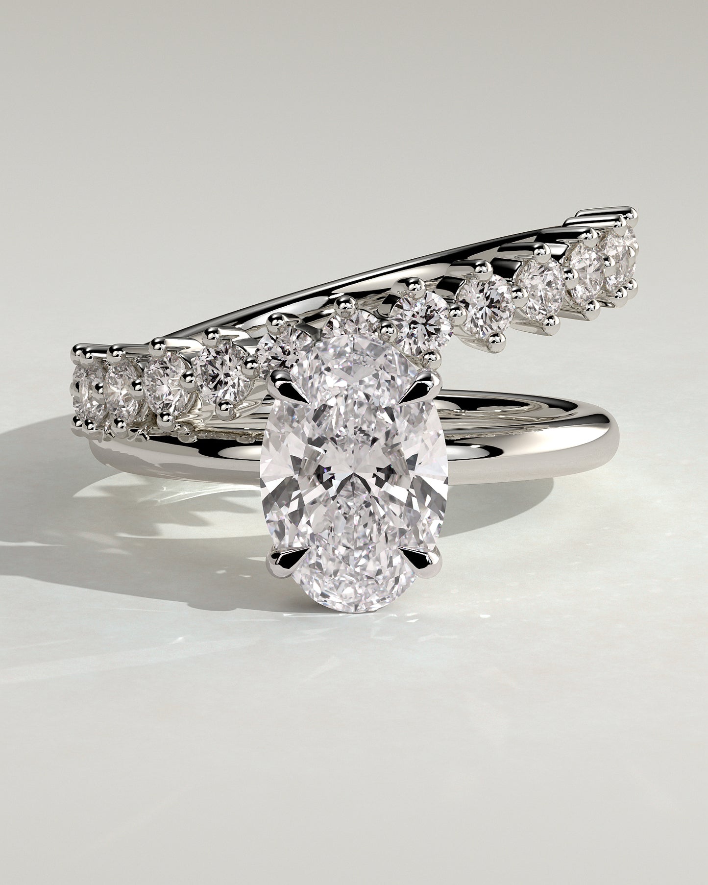 Athena - Oval Claw Solitaire with Double Plain-and-Round-Accent Stones Band Engagement Ring - Platinum - White Gold / Platinum 2ct