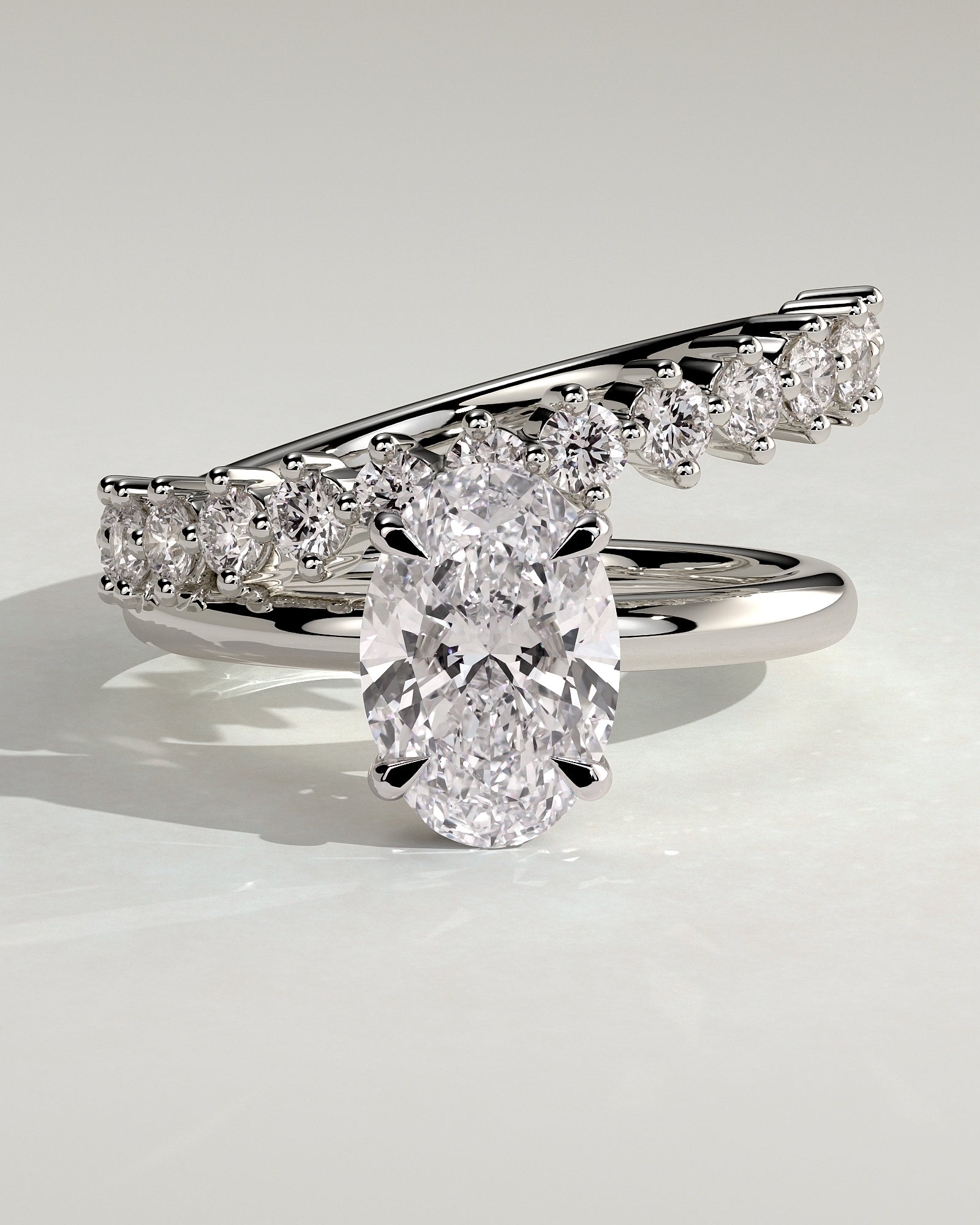 Athena - Oval Claw Solitaire with Double Plain-and-Round-Accent Stones Band Engagement Ring - Platinum - White Gold / Platinum 2ct