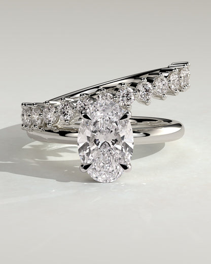 Athena - Oval Claw Solitaire with Double Plain-and-Round-Accent Stones Band Engagement Ring - Platinum