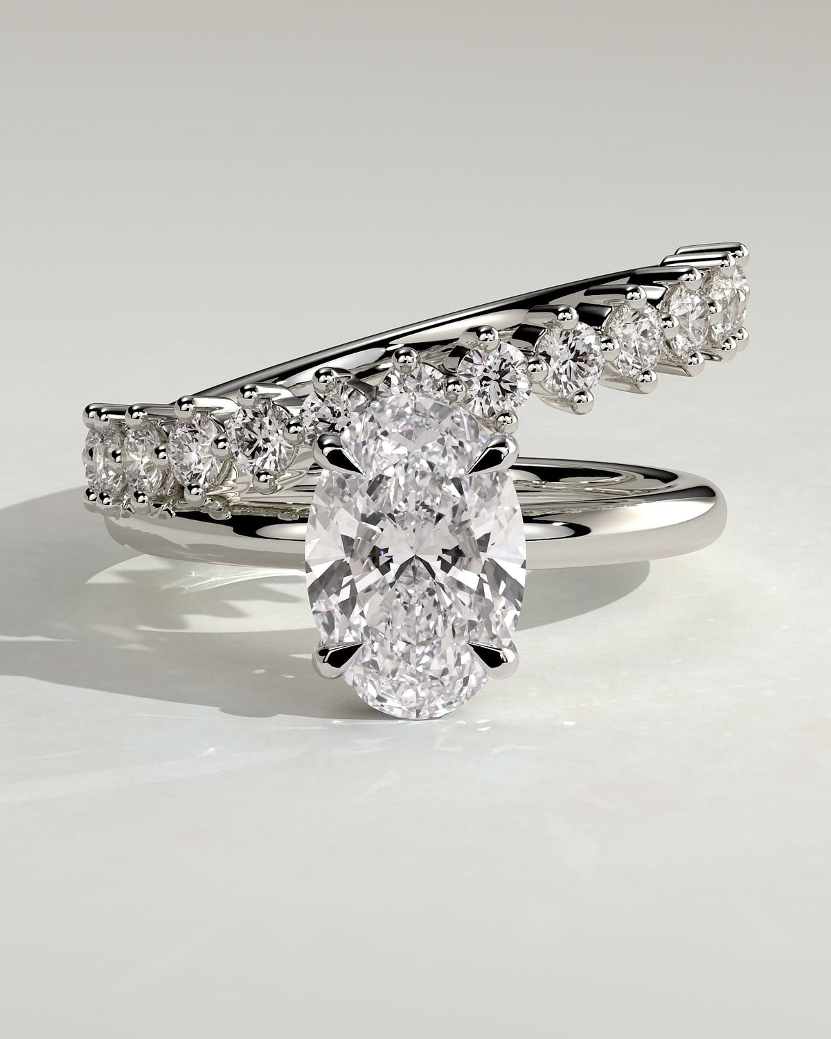 Athena - Oval Claw Solitaire with Double Plain-and-Round-Accent Stones Band Engagement Ring - White Gold