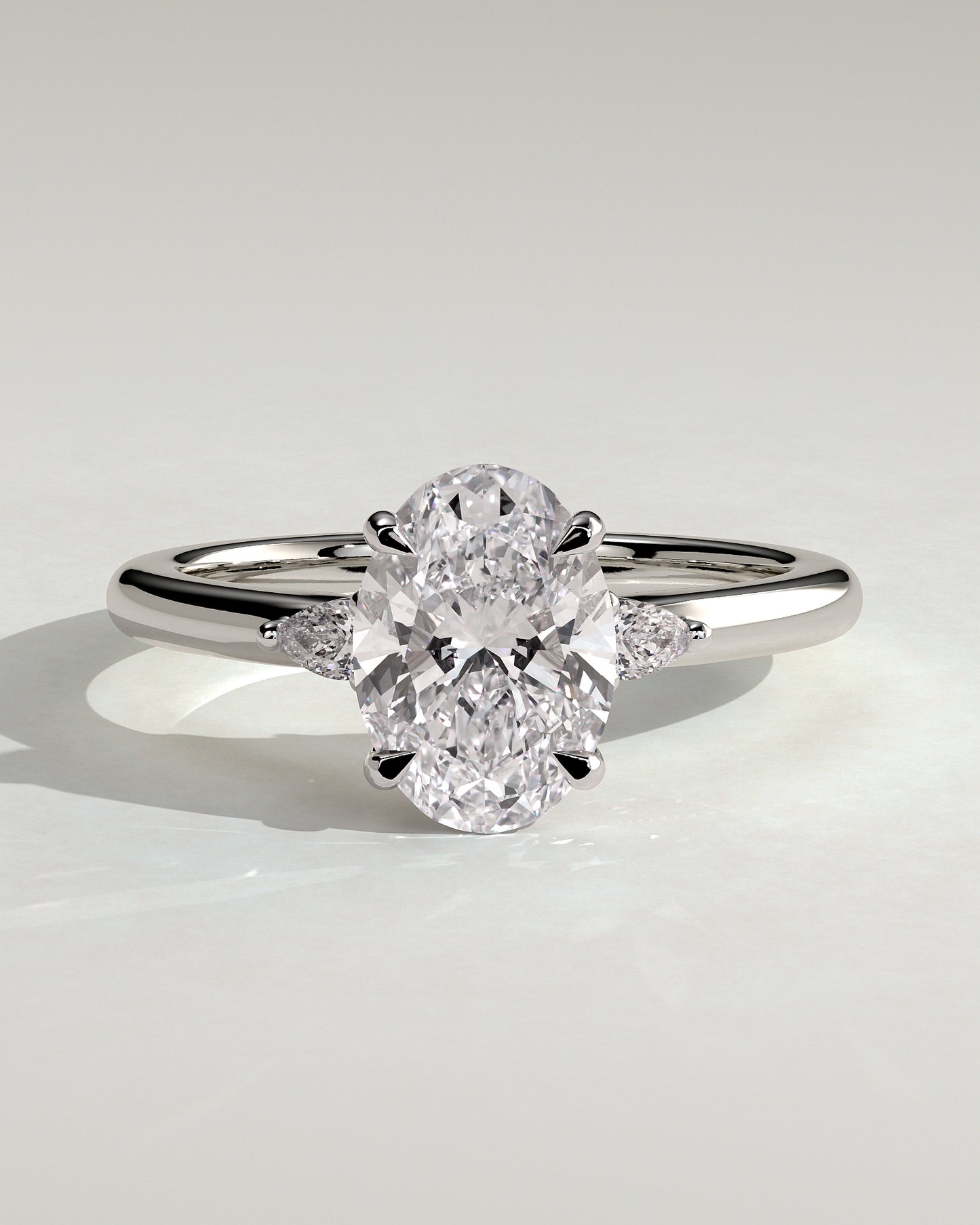 Elena - Oval Claw Trilogy with Pear Side Stones and Tulip Detail Engagement Ring - Platinum - White Gold / Platinum 2ct