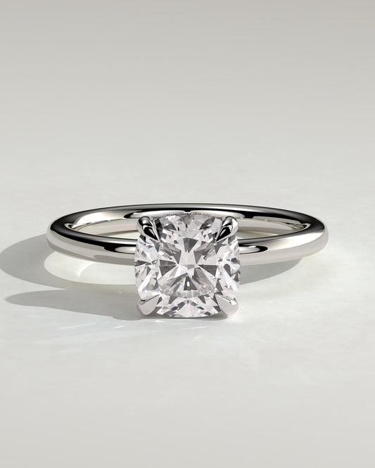 Rosie - Cushion Claw Solitaire with Hidden Halo Engagement Ring - White Gold