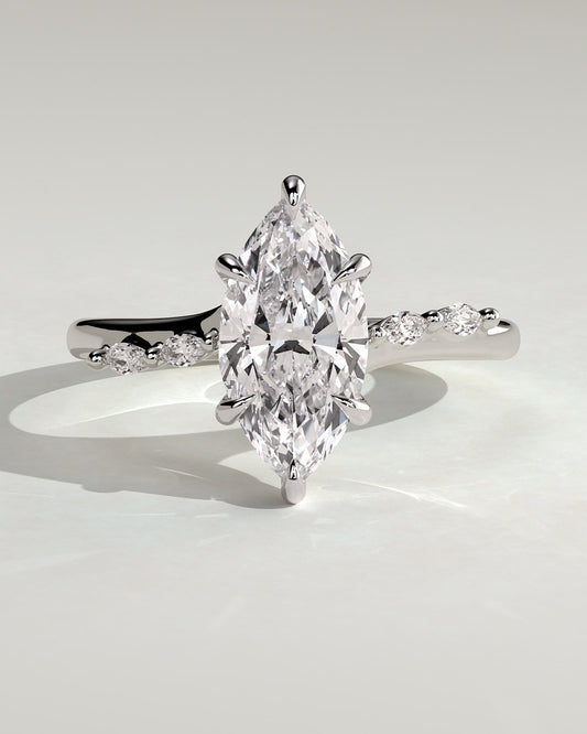 Elsie - Marquise Claw Solitaire with Hidden Halo, Opposing Marquise Accents and Cathedral High Setting Engagement Ring - Platinum