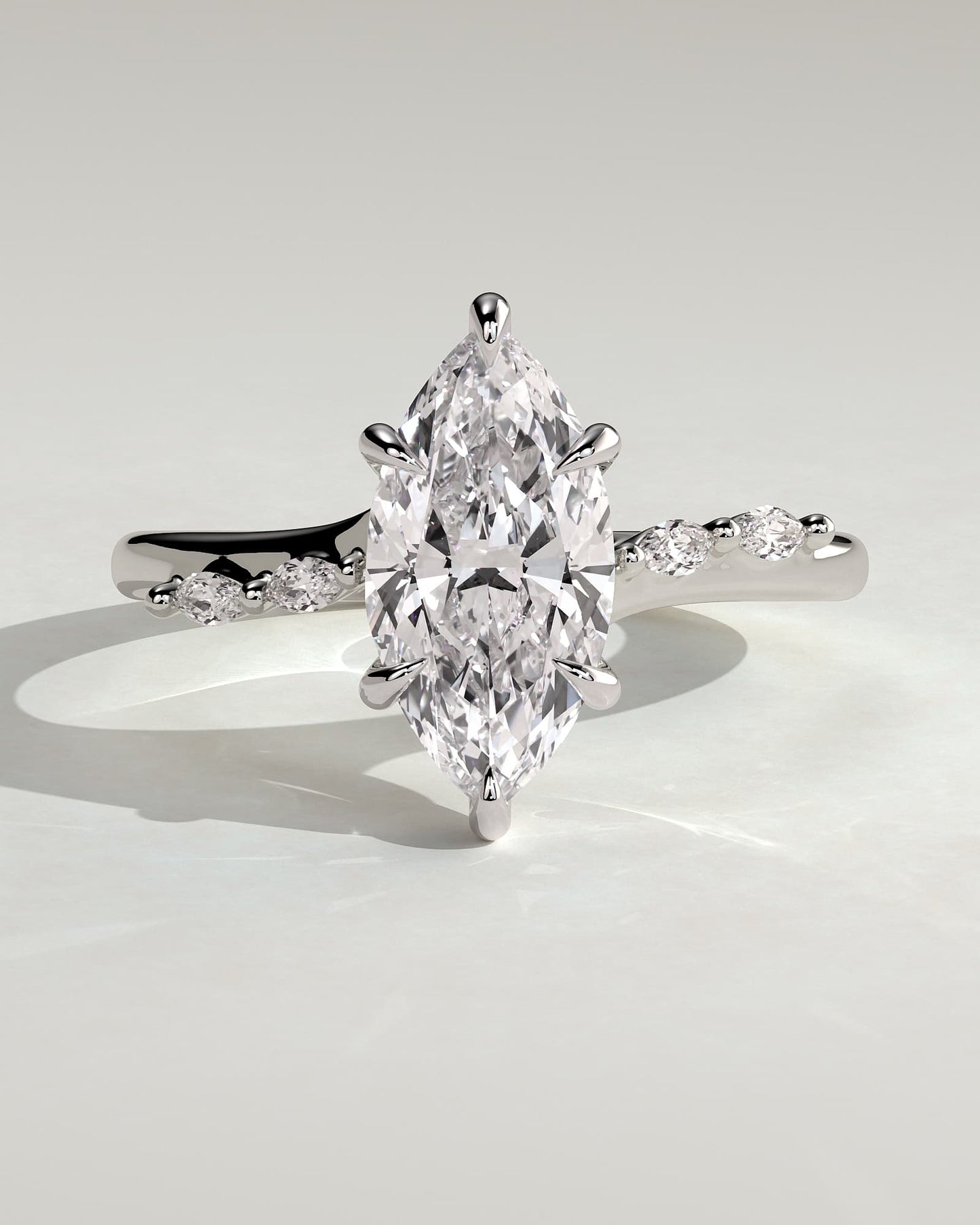 Elsie - Marquise Claw Solitaire with Hidden Halo, Opposing Marquise Accents and Cathedral High Setting Engagement Ring - White Gold