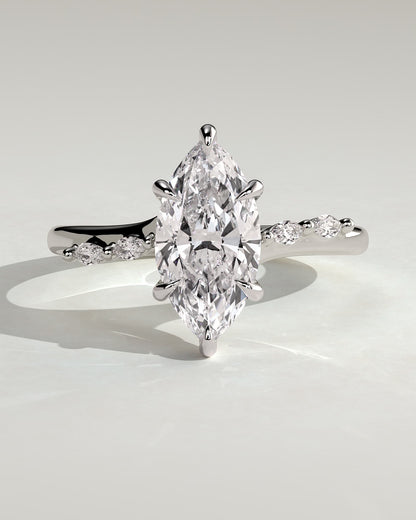Elsie - Marquise Claw Solitaire with Hidden Halo, Opposing Marquise Accents and Cathedral High Setting Engagement Ring - White Gold