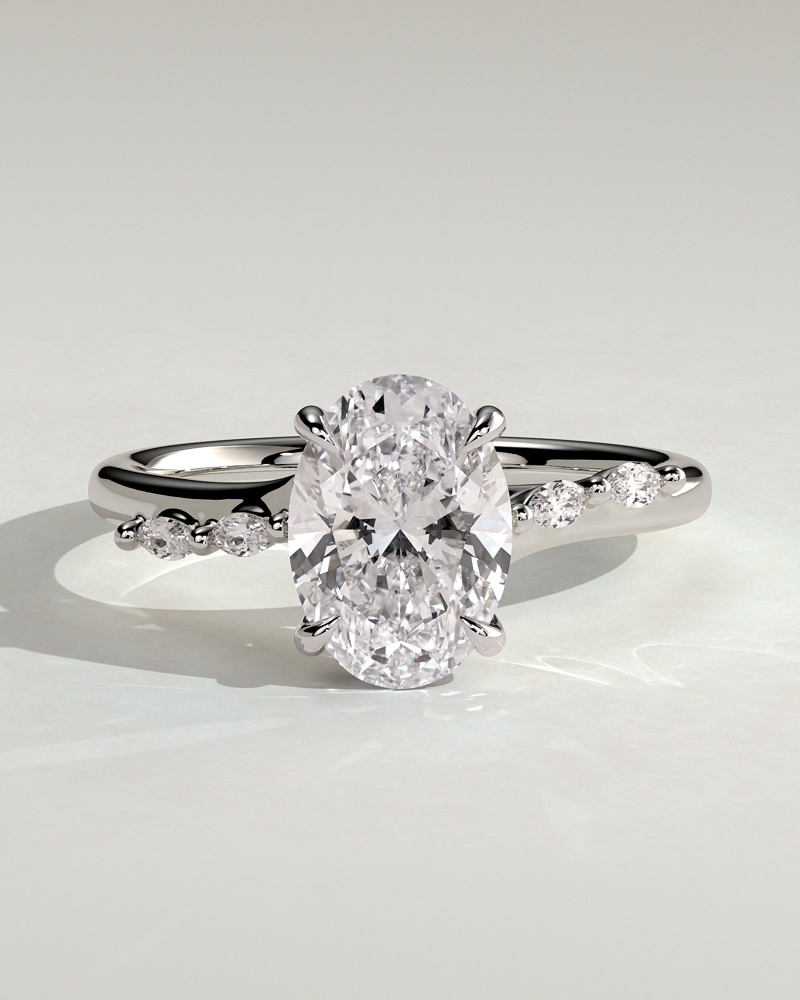 Jamie - Oval Claw Solitaire with Hidden Halo, Opposing Marquise Accents and Cathedral High Setting Engagement Ring - Platinum - White Gold / Platinum 2ct