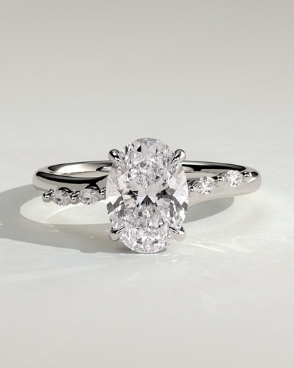 Jamie - Oval Claw Solitaire with Hidden Halo, Opposing Marquise Accents and Cathedral High Setting Engagement Ring - White Gold