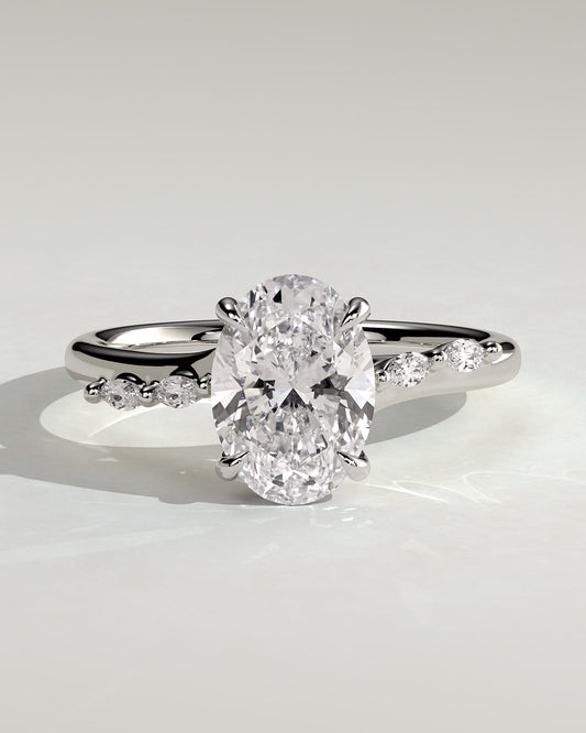 Jamie - Oval Claw Solitaire with Hidden Halo, Opposing Marquise Accents and Cathedral High Setting Engagement Ring - White Gold