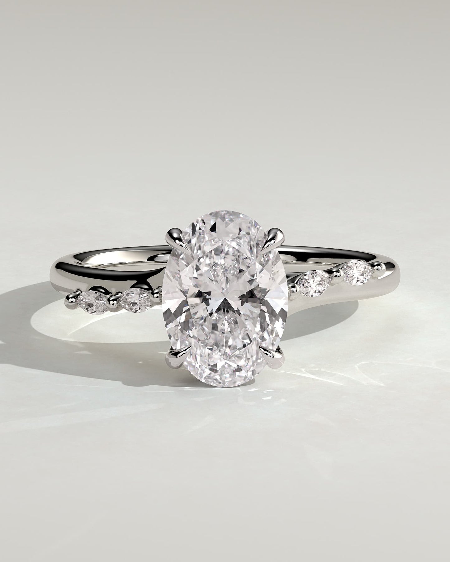 Jamie - Oval Claw Solitaire with Hidden Halo, Opposing Marquise Accents and Cathedral High Setting Engagement Ring - Platinum
