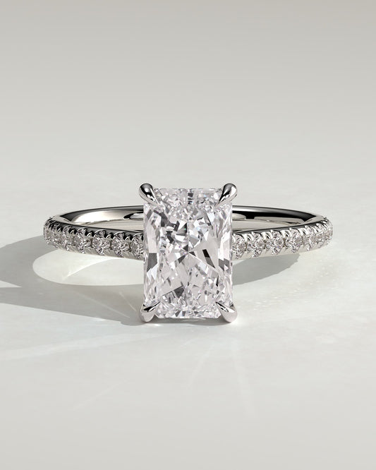 Racquel - Radiant Claw Solitaire with Hidden Halo, Pave Band and Cathedral High Setting Engagement Ring - Platinum