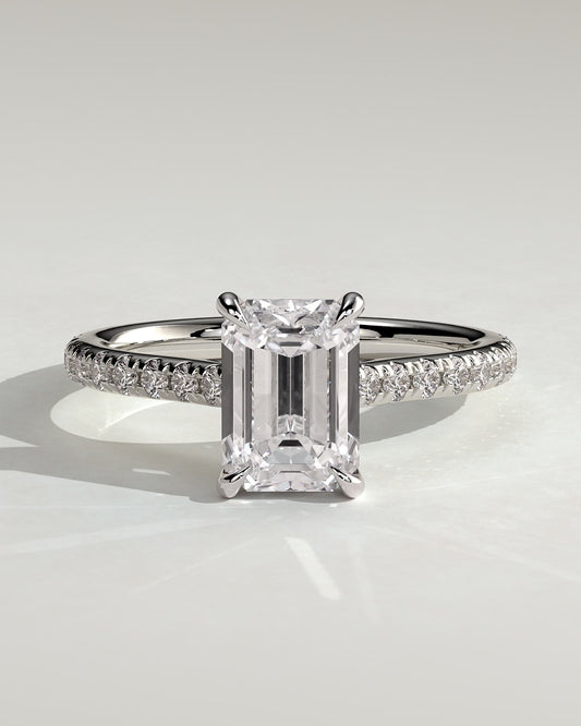 Rowena - Emerald Claw Solitaire with Hidden Halo, Pave Band and Cathedral High Setting Engagement Ring - Platinum