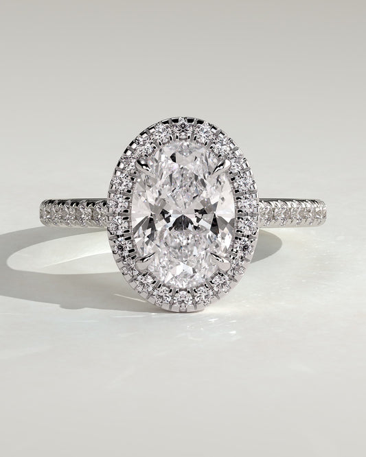 Sally - Oval Claw Solitaire with Halo and Pave Band and Cathedral High Setting Engagement Ring - White Gold