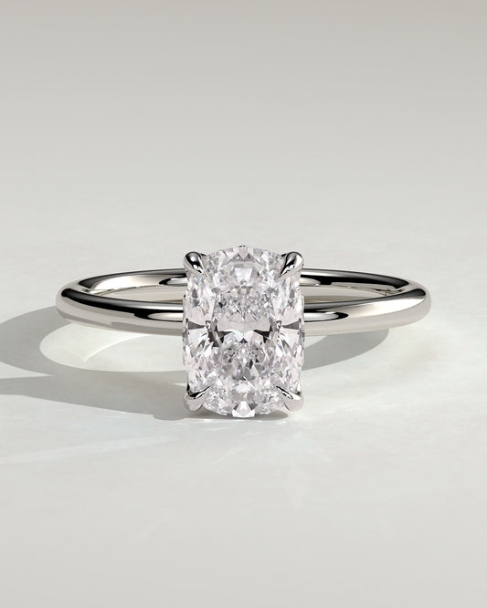 Tilly - Elongated Cushion Claw Solitaire with Petal Gallery and Accent Leaf Detail Engagement Ring - Platinum