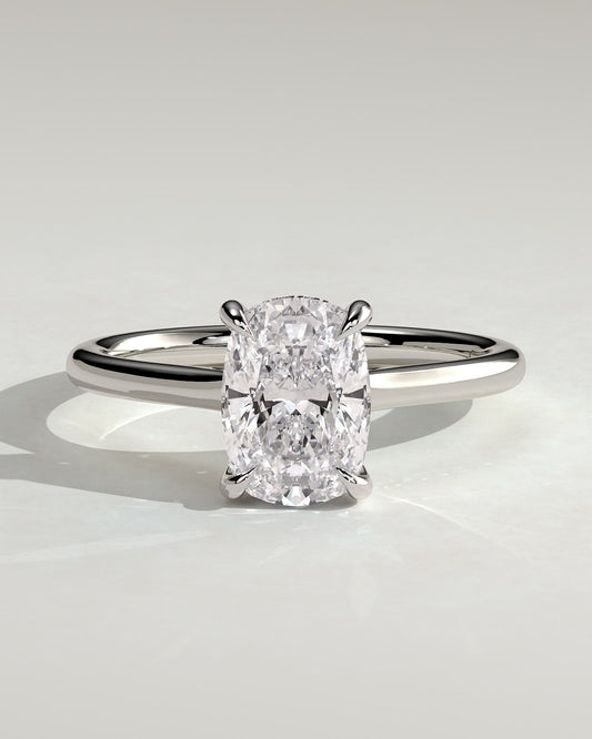 Yasmine - Elongated Cushion Claw Solitaire with Hidden Halo and Cathedral High Setting Engagement Ring - Platinum