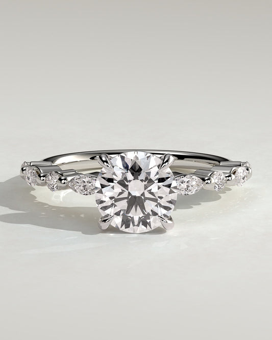 Zade - Round Claw Solitaire with Marquise and Round Accent Stones Engagement Ring - White Gold