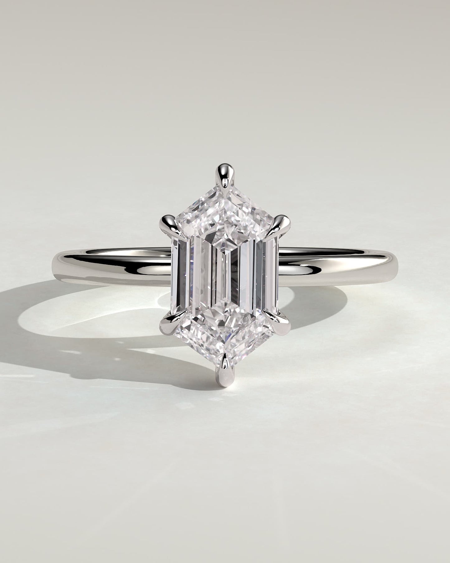 Delta - Elongated Hexagon Claw Solitaire with Hidden Halo Engagement Ring - White Gold