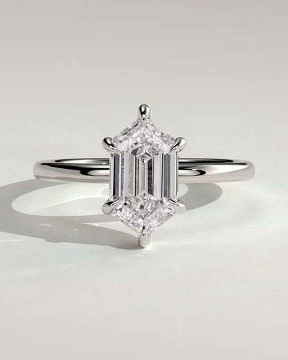 Delta - Elongated Hexagon Claw Solitaire with Hidden Halo Engagement Ring - White Gold