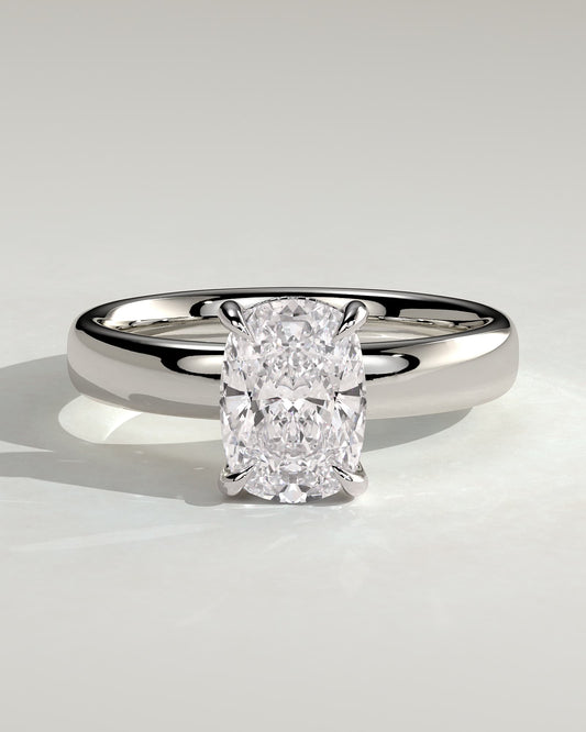 Cora - Elongated Cushion Claw Solitaire with Cigar Band and Hidden Halo Engagement Ring - White Gold