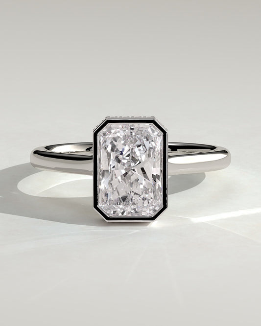 Bennie - Radiant Bezel Solitaire with Hidden Halo and Cathedral High Setting Engagement Ring - Platinum