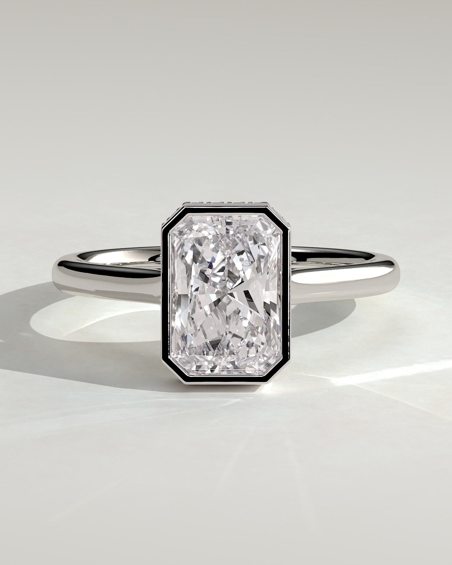 Bennie - Radiant Bezel Solitaire with Hidden Halo and Cathedral High Setting Engagement Ring - White Gold