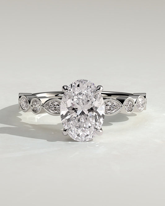 Rhiannon - Oval Claw Solitaire with Round-Marquise Bezel Accent Stones Engagement Ring - Platinum