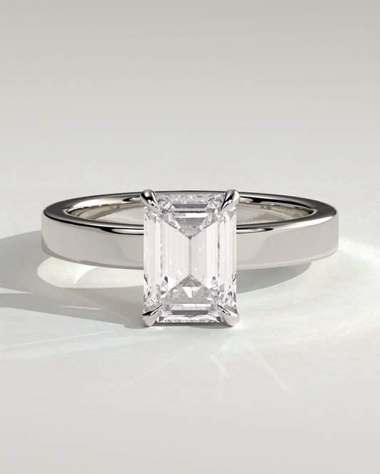 Carmella - Emerald Claw Solitaire with Flat Cigar Band and Hidden Halo Engagement Ring - White Gold