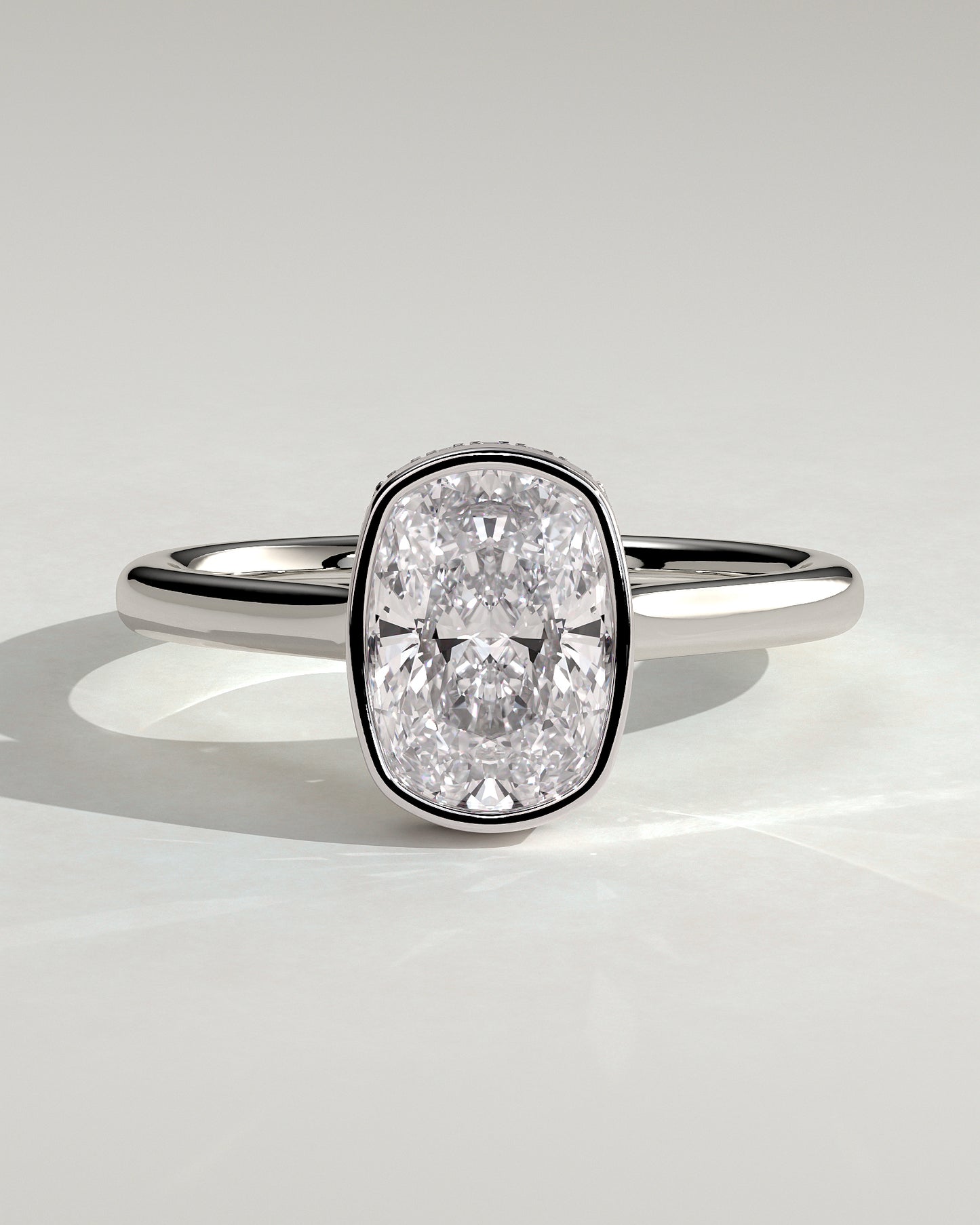 Everleigh - Elongated Cushion Bezel Solitaire with Hidden Halo and Cathedral High Setting Engagement Ring - Platinum - White Gold / Platinum 2ct