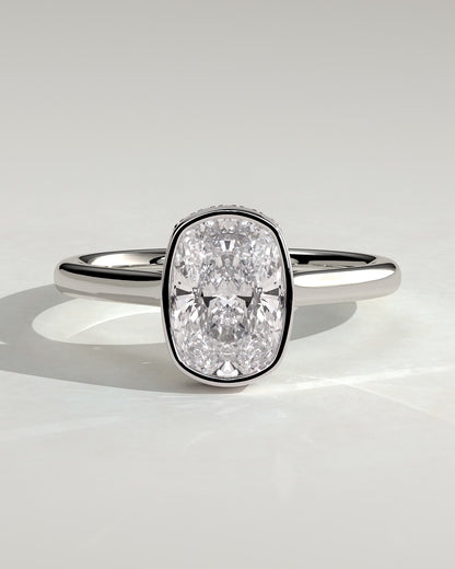 Everleigh - Elongated Cushion Bezel Solitaire with Hidden Halo and Cathedral High Setting Engagement Ring - White Gold