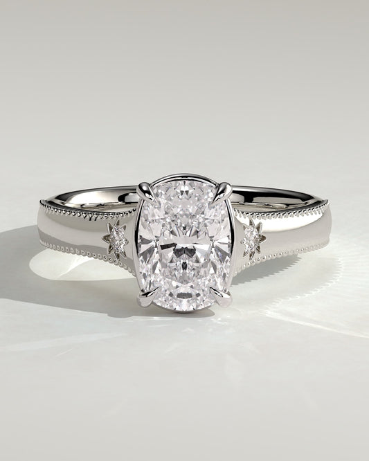 Taylor - Vintage Style Elongated Cushion Claw Solitaire with Bezel Frame and Star Set Accent Stones, Milgrain and Pinched Reverse Tapered Band Engagement Ring - White Gold