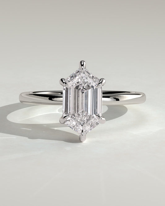 Cynthia - Classic Elongated Hexagon Claw Solitaire Engagement Ring - White Gold