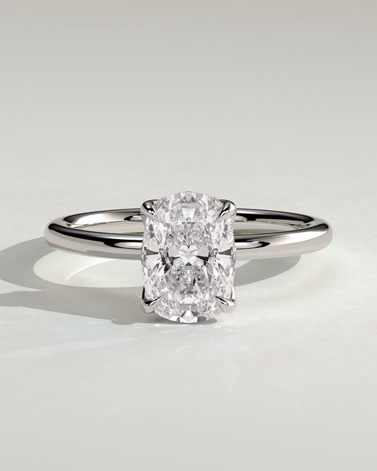 Poppy - Elongated Cushion Claw Solitaire with Petal Gallery and Accented Tiara Detail Engagement Ring - Platinum