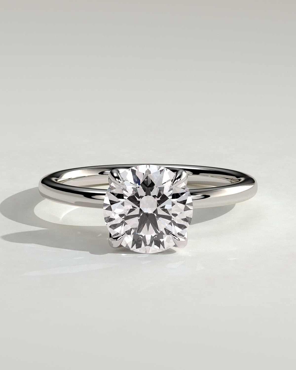 Joy - Round Claw Solitaire with Petal Gallery and Accent Leaf Detail Engagement Ring - White Gold