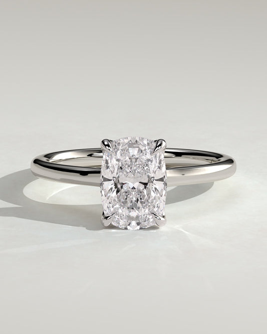 Melissa - Elongated Cushion Claw Solitaire with Petal Gallery, Accent Leaf Detail and Cathedral Setting Engagement Ring - White Gold