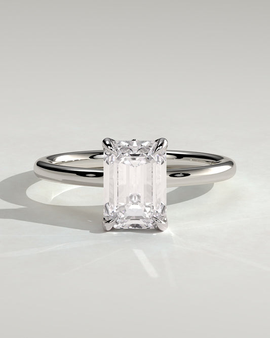 Rosalind - Emerald Claw Solitaire with Petal Gallery, Accent Leaf Detail and Cathedral Setting Engagement Ring - White Gold