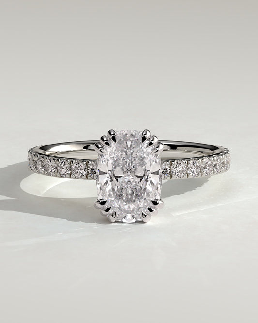 Mandy - Elongated Cushion Triple Claw Solitaire with Pave Band Engagement Ring - Platinum