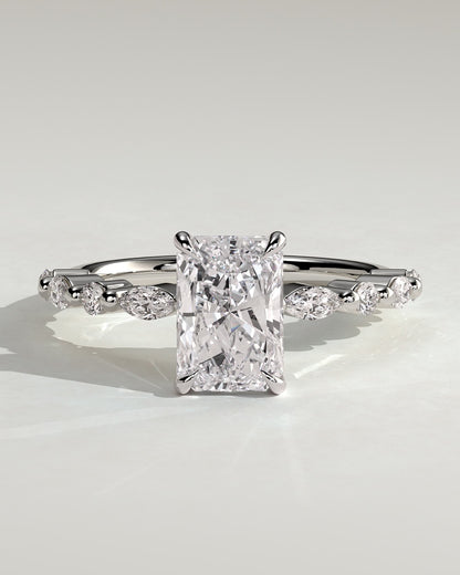 Dayna - Radiant Claw Solitaire with Marquise and Round Accent Stones Engagement Ring - White Gold
