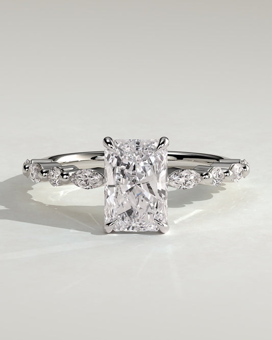 Dayna - Radiant Claw Solitaire with Marquise and Round Accent Stones Engagement Ring - White Gold