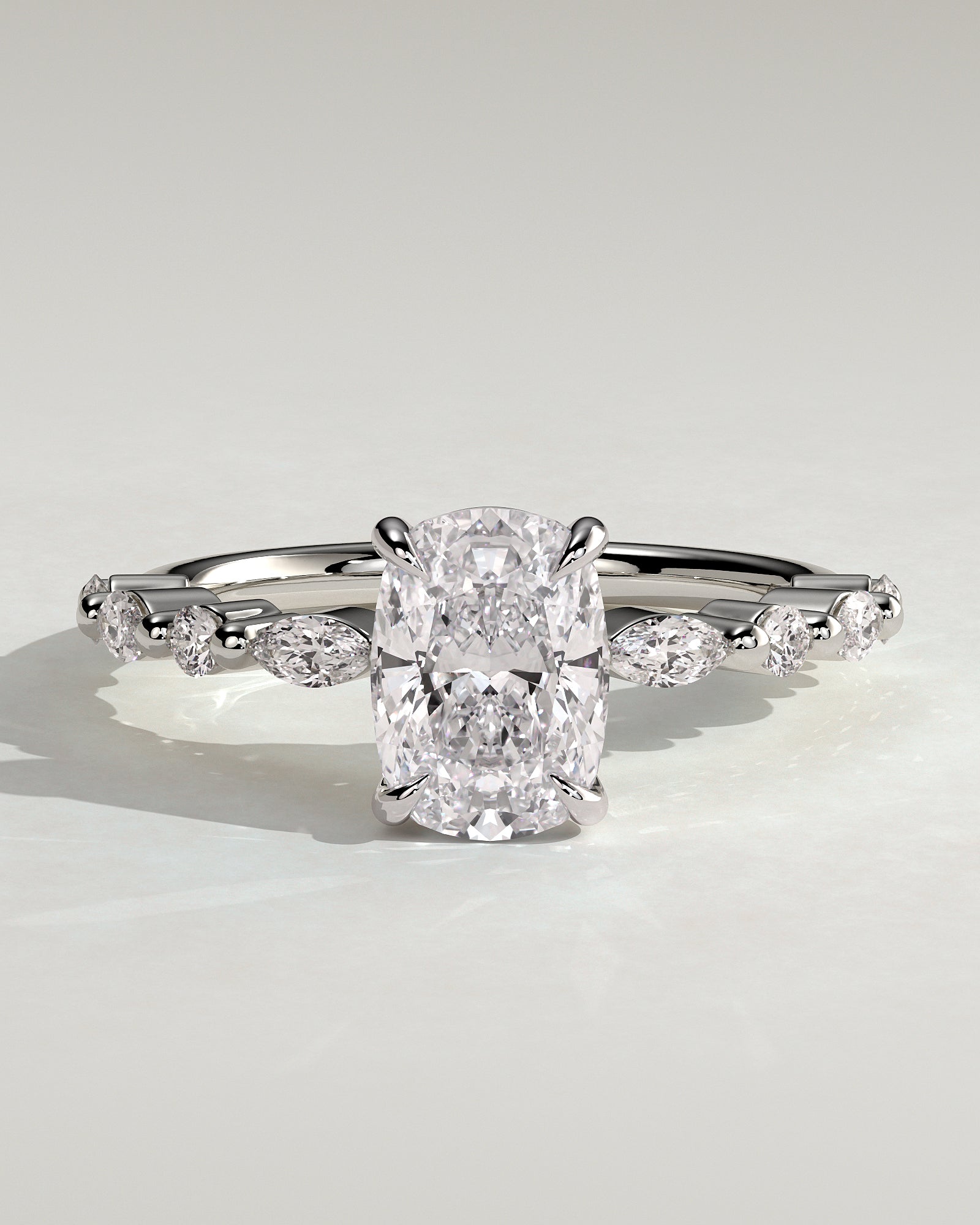 Delphine - Elongated Cushion Claw Solitaire with Marquise and Round Accent Stones Engagement Ring - Platinum - White Gold / Platinum 2ct