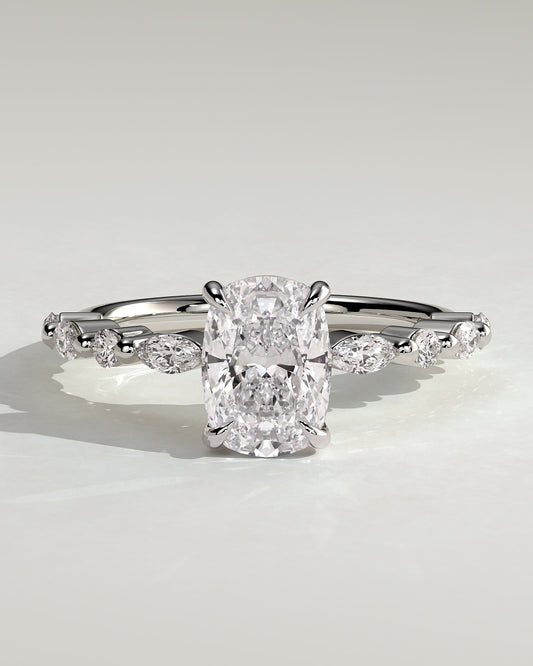 Delphine - Elongated Cushion Claw Solitaire with Marquise and Round Accent Stones Engagement Ring - Platinum
