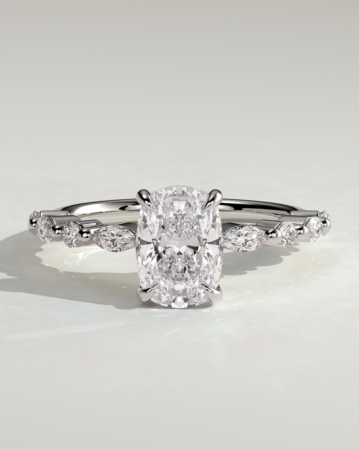Delphine - Elongated Cushion Claw Solitaire with Marquise and Round Accent Stones Engagement Ring - White Gold