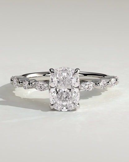 Delphine - Elongated Cushion Claw Solitaire with Marquise and Round Accent Stones Engagement Ring - White Gold
