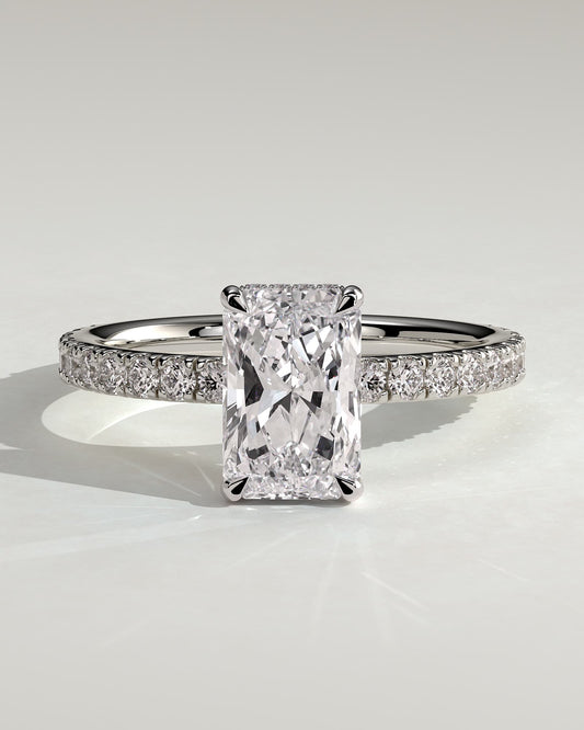 Thea - Radiant Claw Solitaire with Hidden Halo and Pave Band Engagement Ring - White Gold