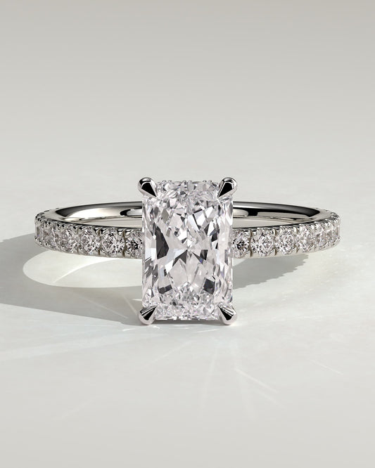 Ellie - Radiant Claw Solitaire with Wrap Around Hidden Halo and Pave Band Engagement Ring - Platinum