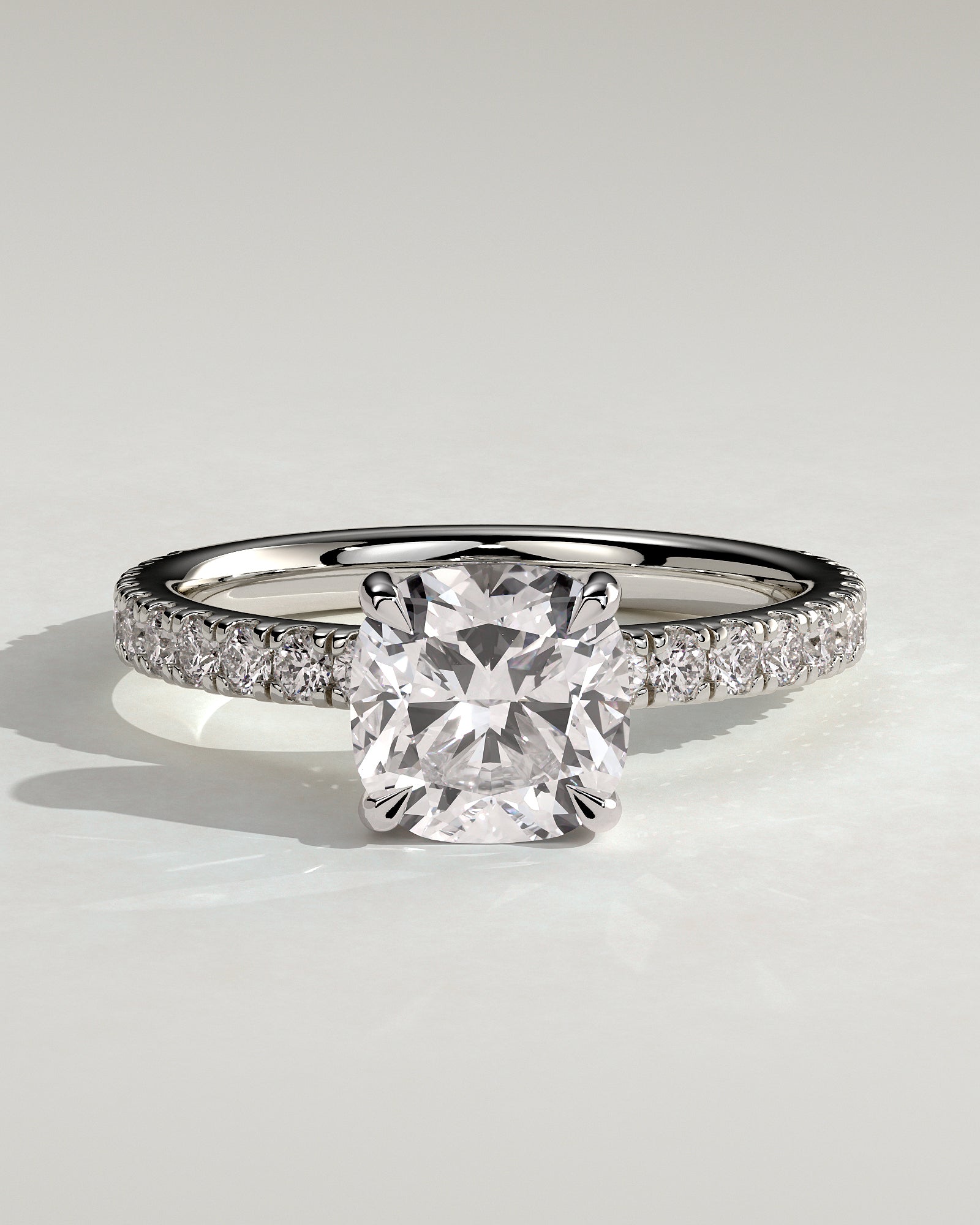 Claudia - Cushion Claw Solitaire with Hidden Halo and Pave Band Engagement Ring - Platinum - White Gold / Platinum 2ct