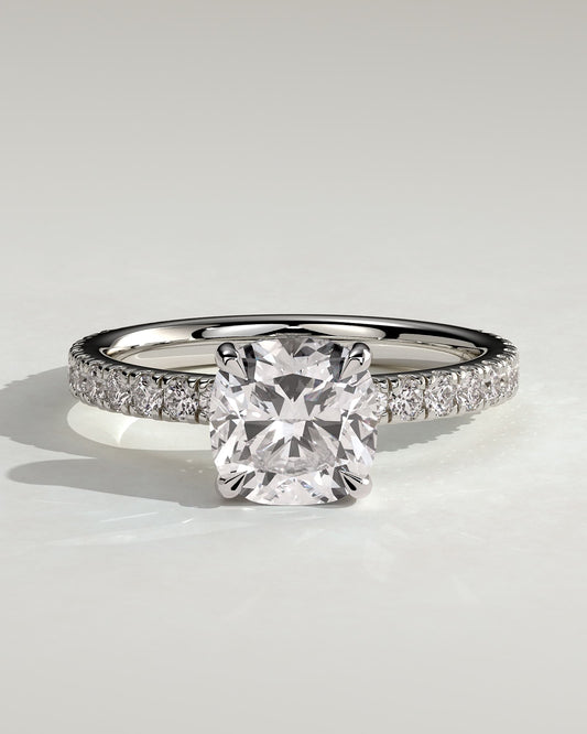Claudia - Cushion Claw Solitaire with Hidden Halo and Pave Band Engagement Ring - Platinum
